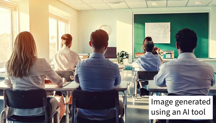 Five people sitting at desks in a well-lit classroom with large windows. One person stands at the head of the room, in front of a chalkboard. Text overlay reads, Content generated with an AI tool.