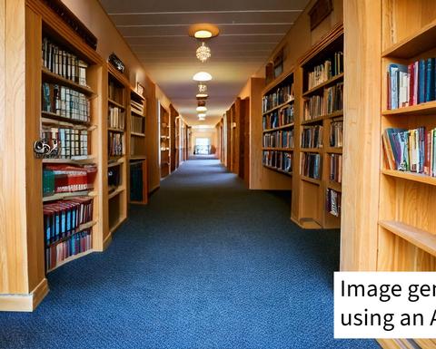 A carpeted hallway with bookshelves on both sides and soft lighting. Text overlay reads, Content generated with an AI tool.